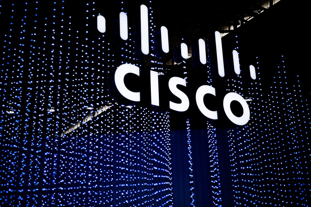 Cisco logo sits illuminated at MWC Barcelona on February 28, 2022. (David Ramos/Getty Images)