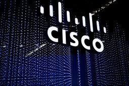 Cisco logo sits illuminated at MWC Barcelona on February 28, 2022. (David Ramos/Getty Images)