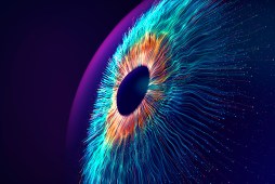Digital generated image of multicolored particles forming eye shape against black background. (Getty Images)