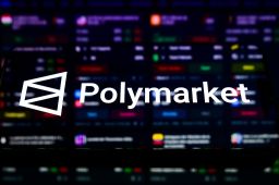 The Polymarket prediction market platform logo appears on a smartphone placed on a reflective surface onto which a list of available bets is projected.